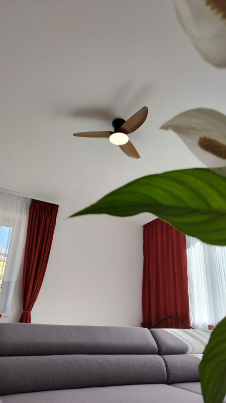 Die Deckenleuchte mit Ventilator hat Sommer- und Wintermodus.